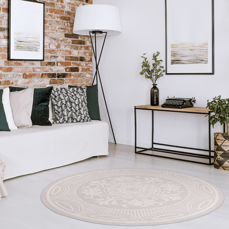 Beverly Rug Grey Medallion Indoor Outdoor Rug, Outside Carpet for Patio, Deck, Porch