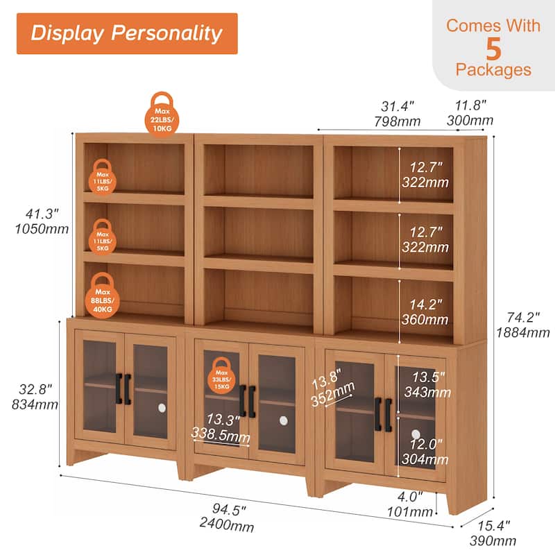 WAMPAT 3 Tier Bookshelf with Glass Door, 74" Tall Bookcase with Adjustable Shelf and Storage Cabinet, Farmhouse Wooden Bookshelf