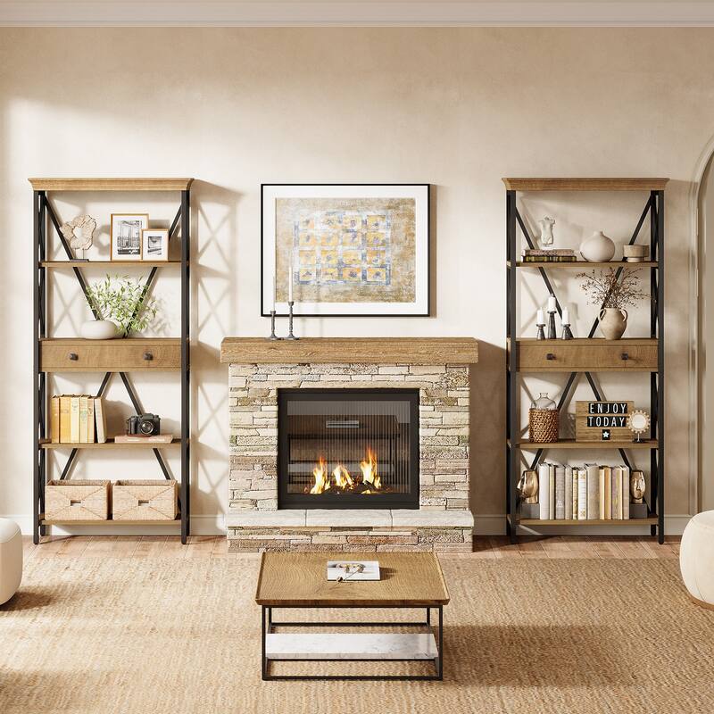 70.9" Wood Bookshelf with Drawers, Open Storage Shelf Bookcase, Living Room Office Bedroom Display Accent Shelf