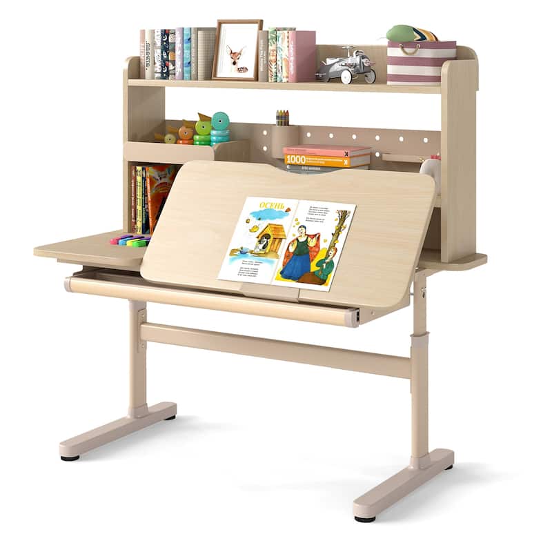 Gymax Kids Study Desk w/Tilt Desktop Retractable Book Stand & Pegboard