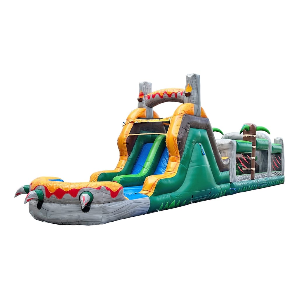 HeroKiddo T-Rex Adventure 42' Inflatable Obstacle Course with Water Slide - Commercial Grade, Wet & Dry Play (Blowers Included)