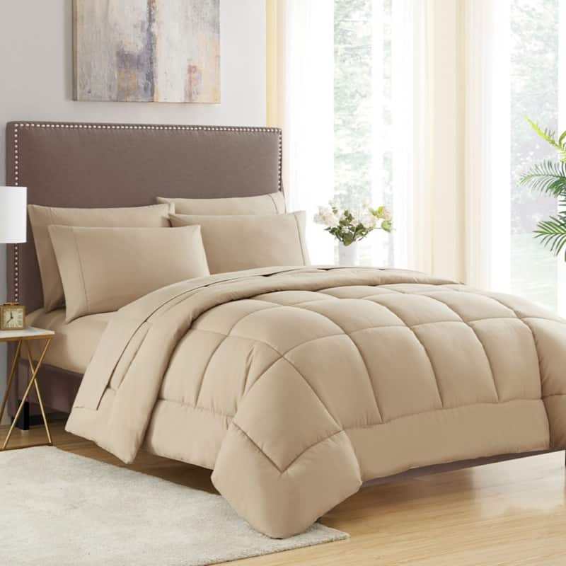 Sweet Home Collection All Season Bed in A Bag Solid Color Comforter & Sheet Set Ultra Soft Bedding - Taupe - Queen