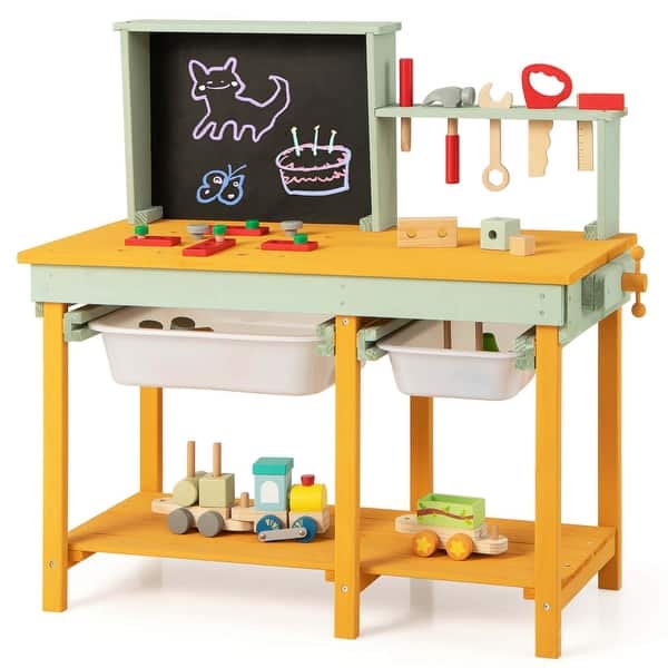 slide 2 of 10, Costway Kids Wooden Toy Workbench with Storage Space & Blackboard Tool - See Details Multicolor - See Details
