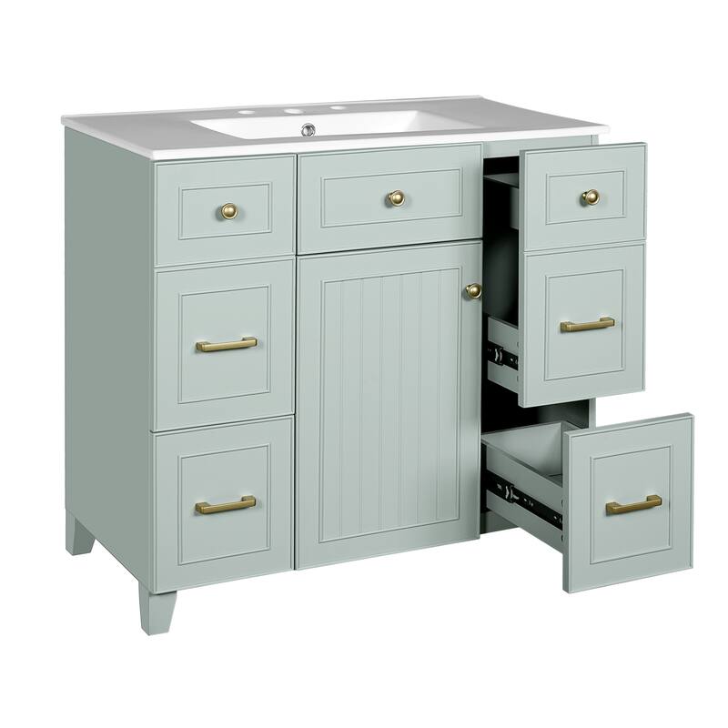36" Green Bathroom Vanity with Ceramic Sink, Soft-Close Doors, 2 Double-Layer & 2 Standard Drawers, Adjustable Shelf