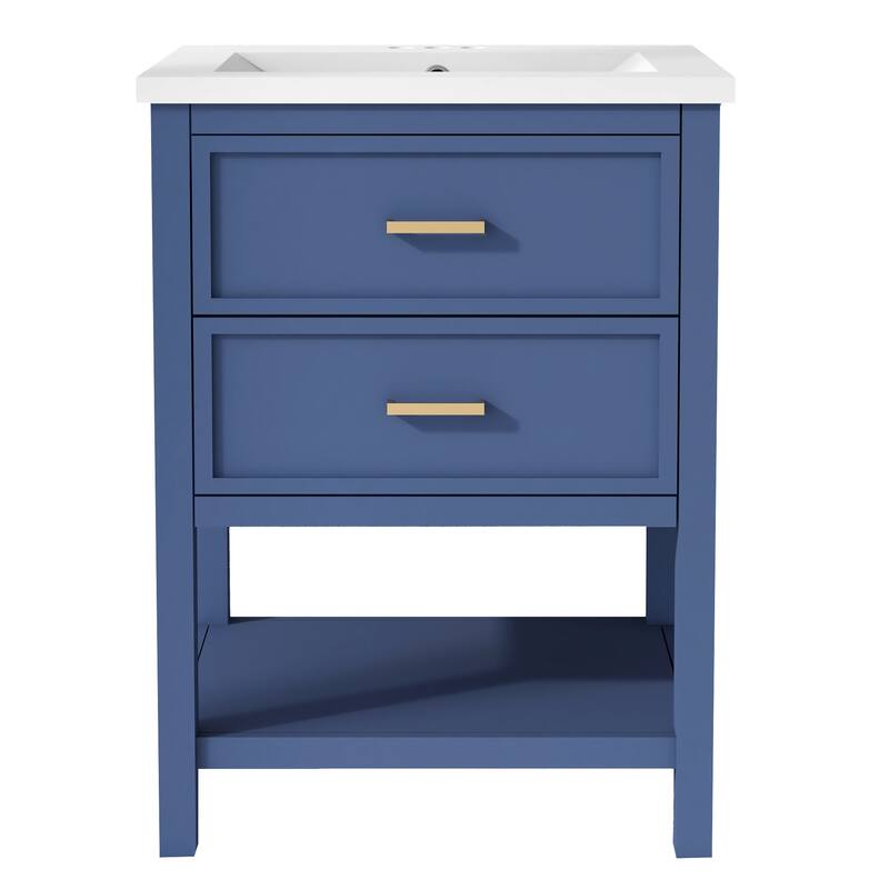 Freestanding Single Sink Storage Cabinet Bathroom Vanity with Tip-out Drawer, U-shaped Drawer, Open Shelf and Gold Metal Handles