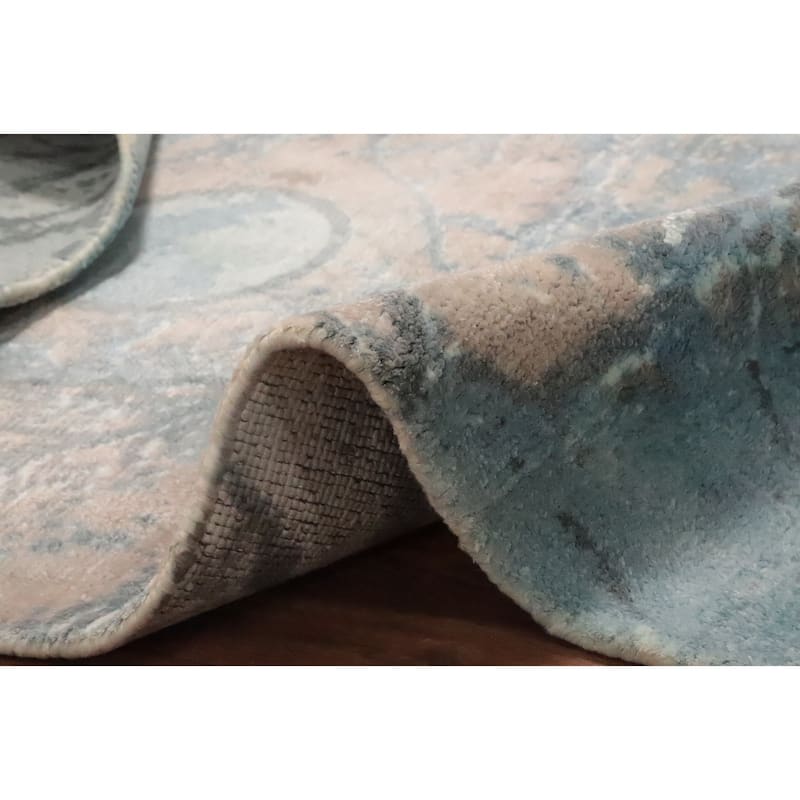 Hand Knotted Oriental Viscose Silk Carpet Modern Pictorial Navy Blue & Blues Abstract Area Rug - 7' 2'' X 5' 3''