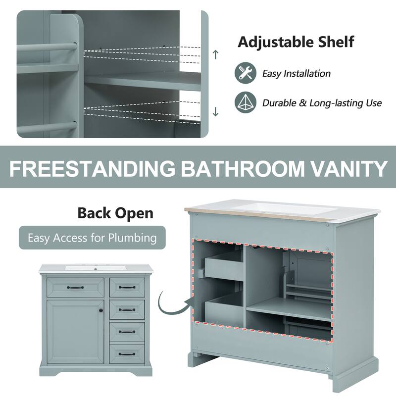 36'' Bathroom Vanity with Ceramic Sink, Solid Wood Frame Modern Storage Cabinet with Tip-Out Drawer & Soft Closing Doors