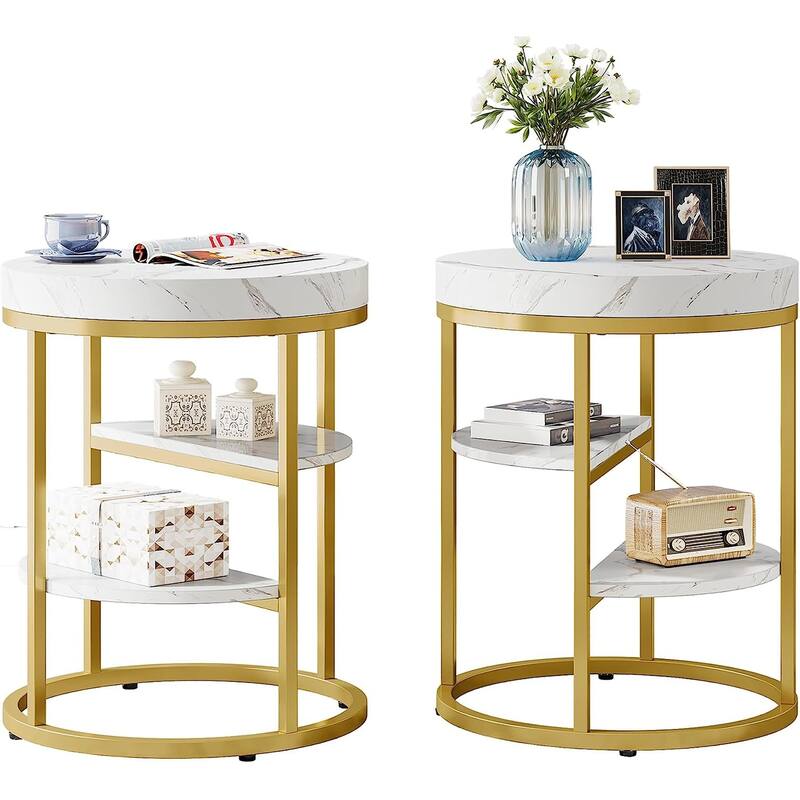 Round End Table, 3 Tiers Side Table with Storage for Living Room