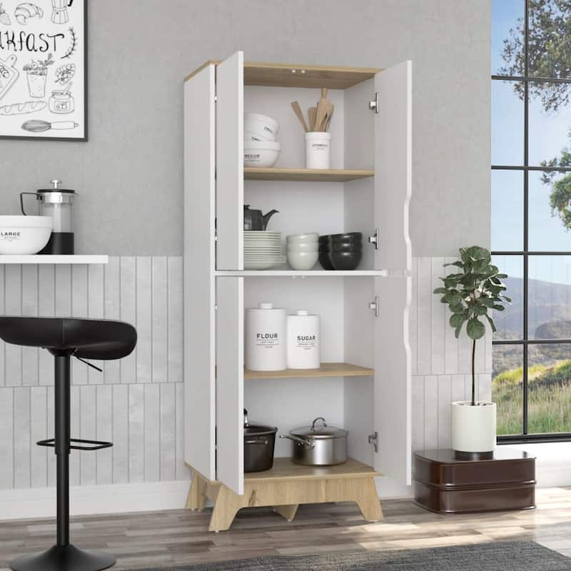 Pamplona Double Kitchen Pantry, Double Door, Four Shelves -Light Oak / White