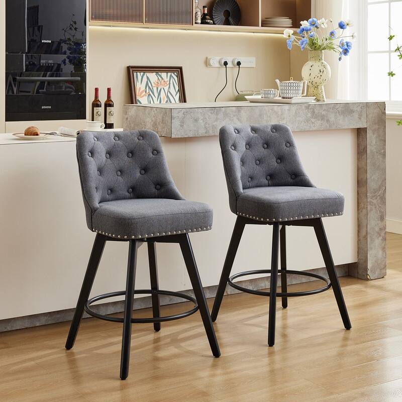 Bar Stools Set of 2, Modern Swivel Counter Height Bar Stools with Back and Wood Legs - Linen Grey