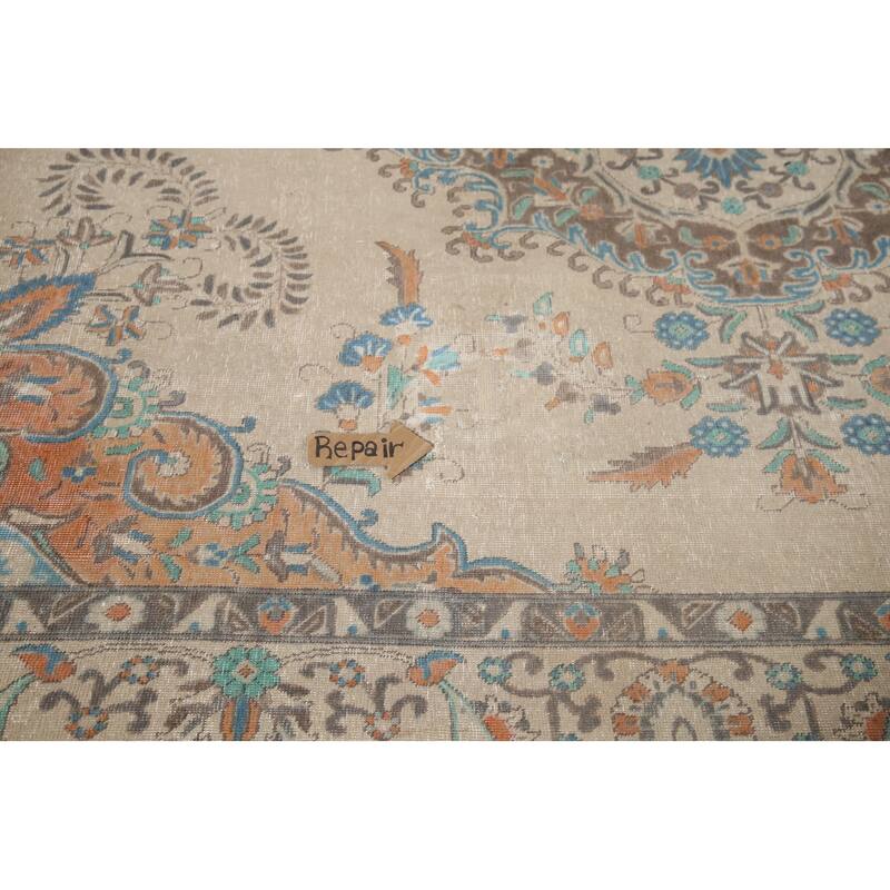Hand Knotted Oriental 100% Wool Carpet Traditional Floral Beige & Ivories Tabriz Area Rug - 12' 11'' X 9' 6''