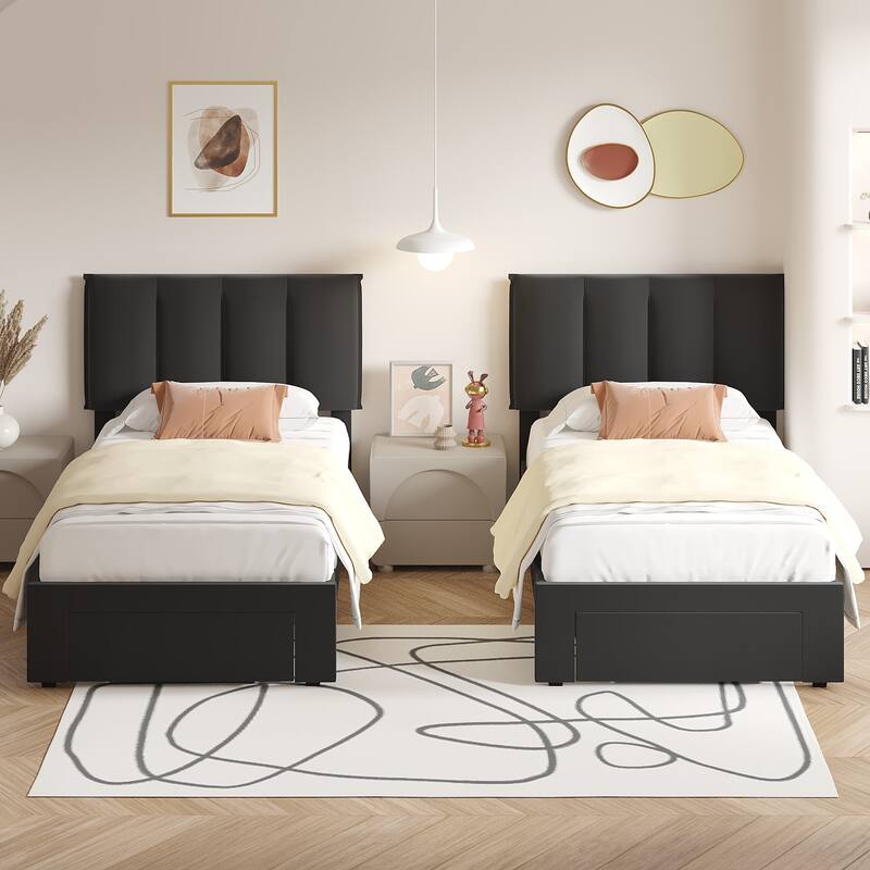 VECELO Set of 2 Kids Bed Frame with Storage Drawer Height Adjustable Upholstered Bed Twin Size Bed