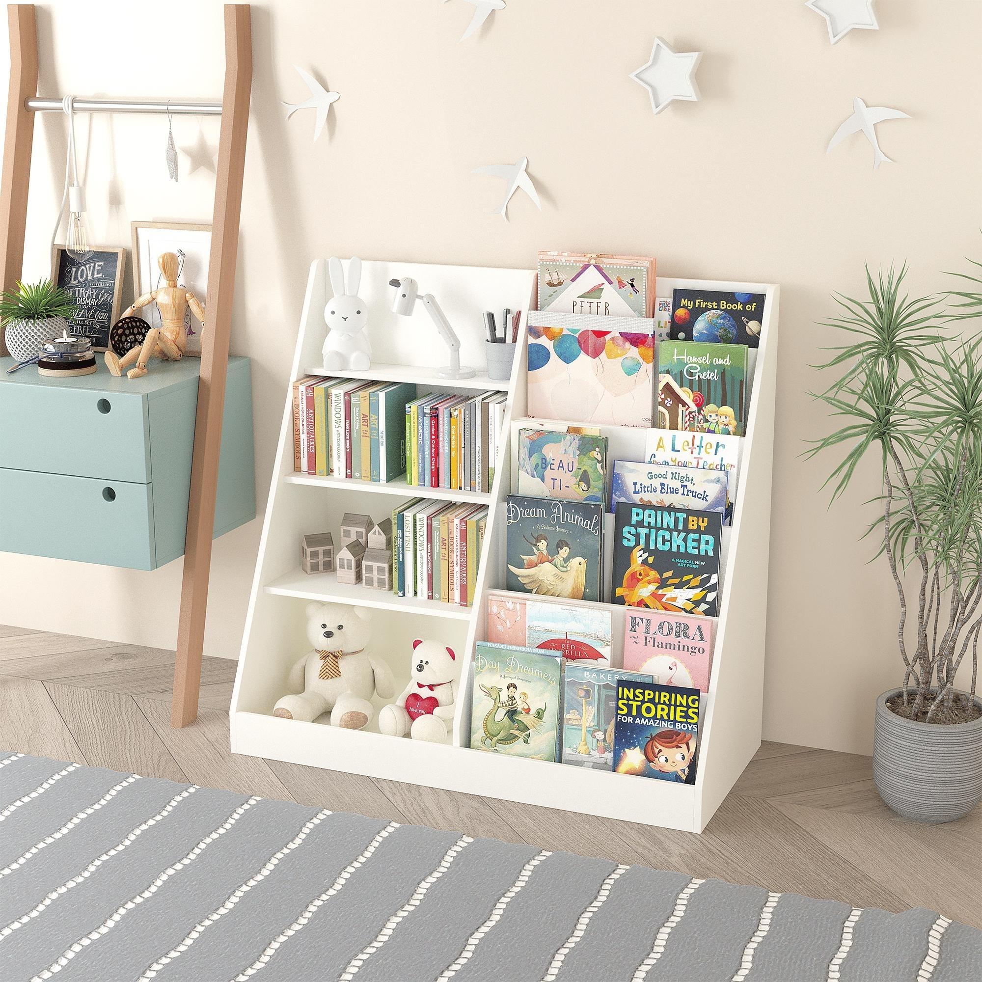 Kids Bookshelf and Toy Storage Organizer, Multifunctional 4 Tier Wooden Kids Book Shelf with Bookcase Display Stand in Kids Room