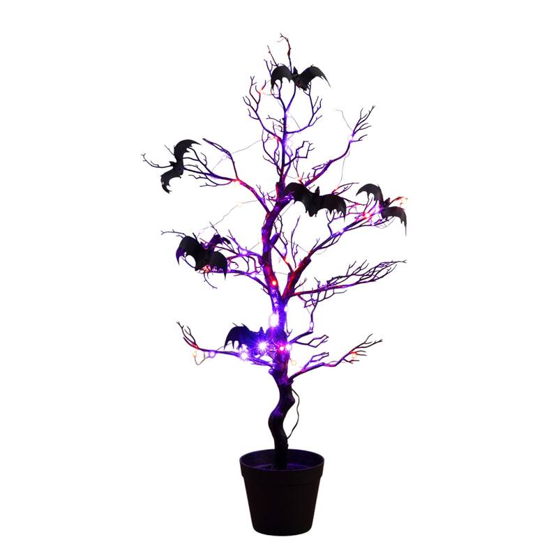 Pre-Lit Bats Artificial Halloween Twig Tree with Bats - 3' - Orange and Purple LED Lights