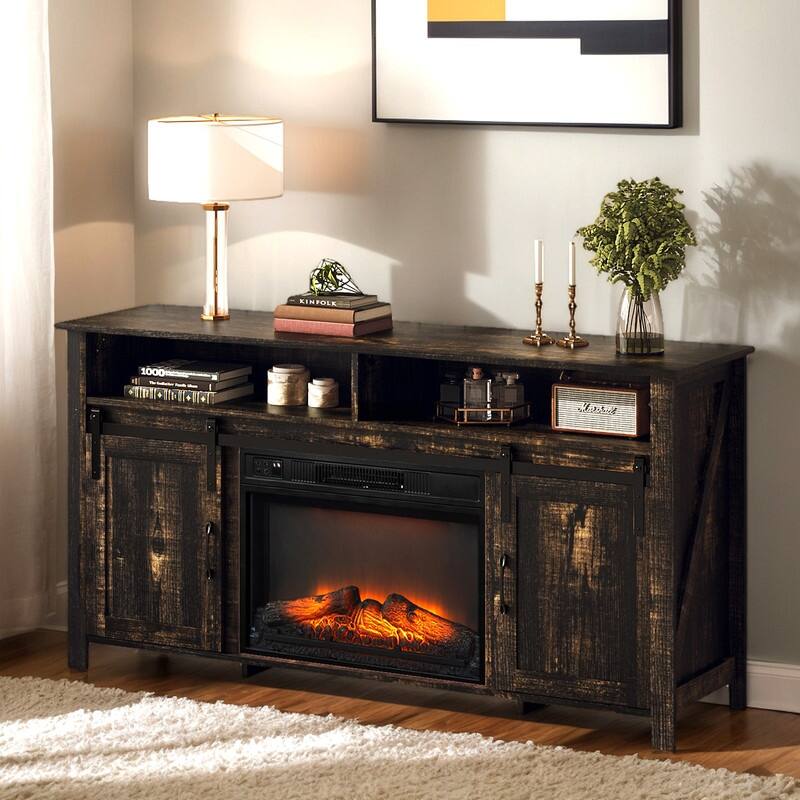 Farmhouse 59.5'' TV Stand For Tvs Up To 70'' With Electric Fireplace and Adjustable Shelves - Black&Gold