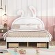 preview thumbnail 2 of 19, Full Size Upholstered Leather Platform Bed with Rabbit Ornament & 4 Drawers, Low to Ground Full Bed Frame with Slats Support