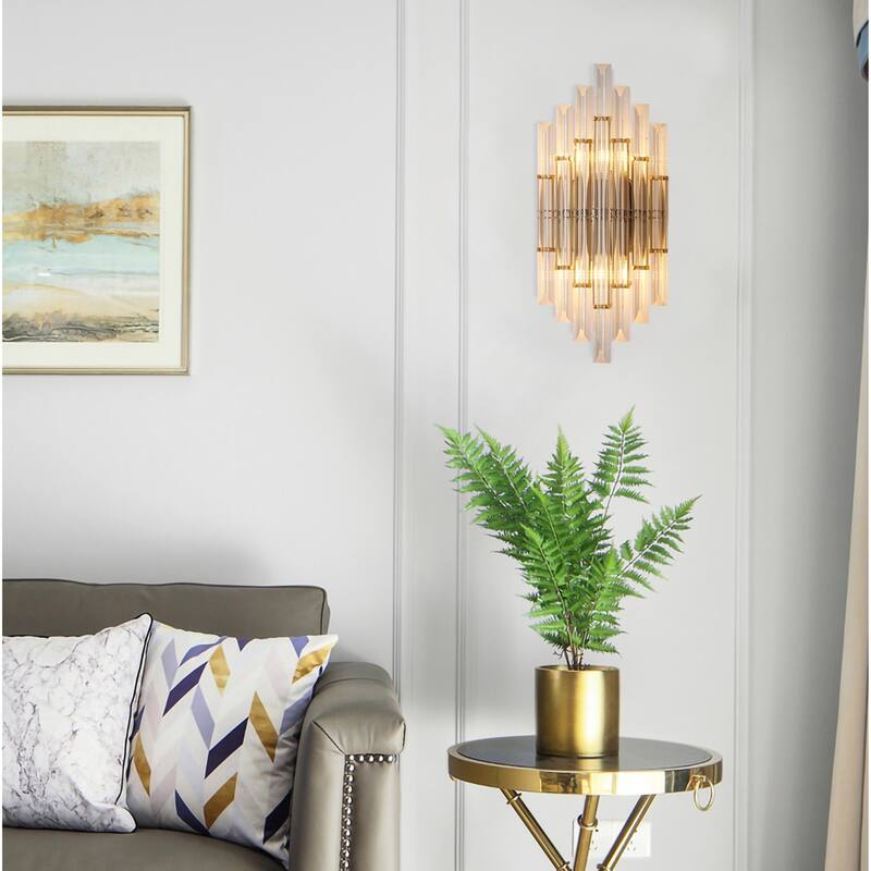 2 Light Gold Metal Frame Wall Sconce with Glass Rods