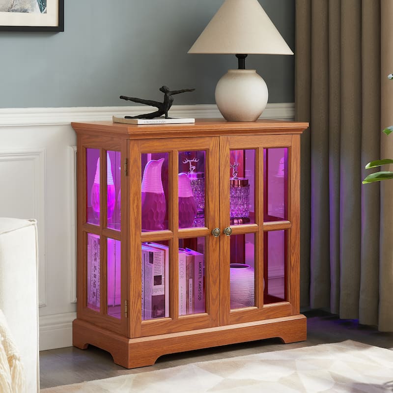 LED Curio Display Cabinet, Showcase with Adjustable Shelves & Lattice Doors, Multi-functional Glass Storage Cabinet