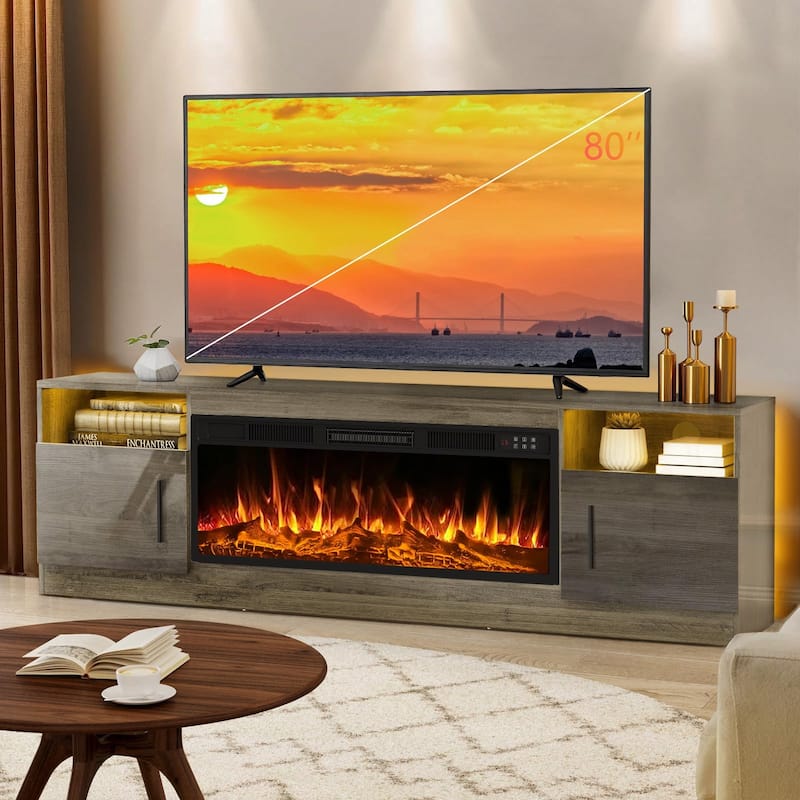 Bossin 70" Fireplace TV Stand with 36" Electric Fireplace, TV Stand for TVs Up to 80", 16 Colors LED Lights/Entertainment Center - Grey