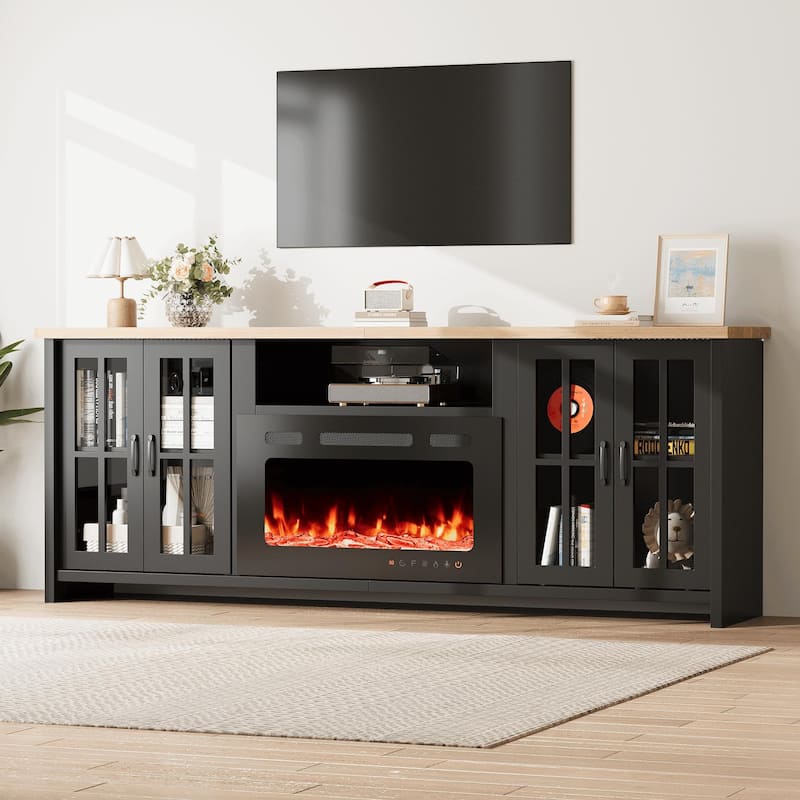 EROMMY 78"/ 97" Fireplace TV Stand with Electric Fireplace, Farmhouse Media Console with LED Lights, Glass Doors