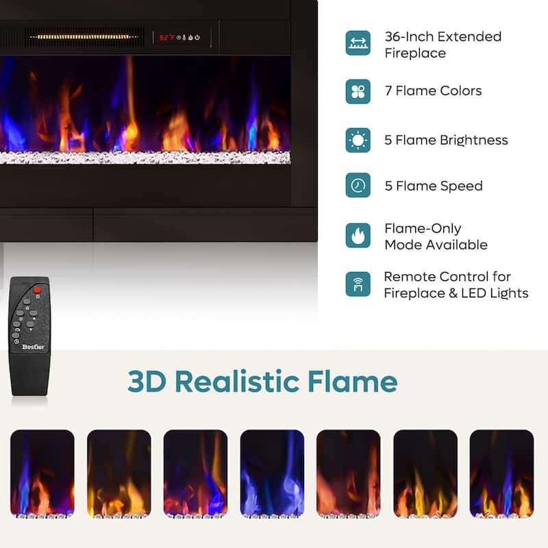 Bestier 63 in. White Marble Freestanding Electric Fireplace TV Stand Fits TV Up to 70 in. Entertainment Center with Cabinet