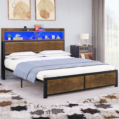 Moasis Bed Frame Metal Platform Bed with Charging Ports & LED Headboard
