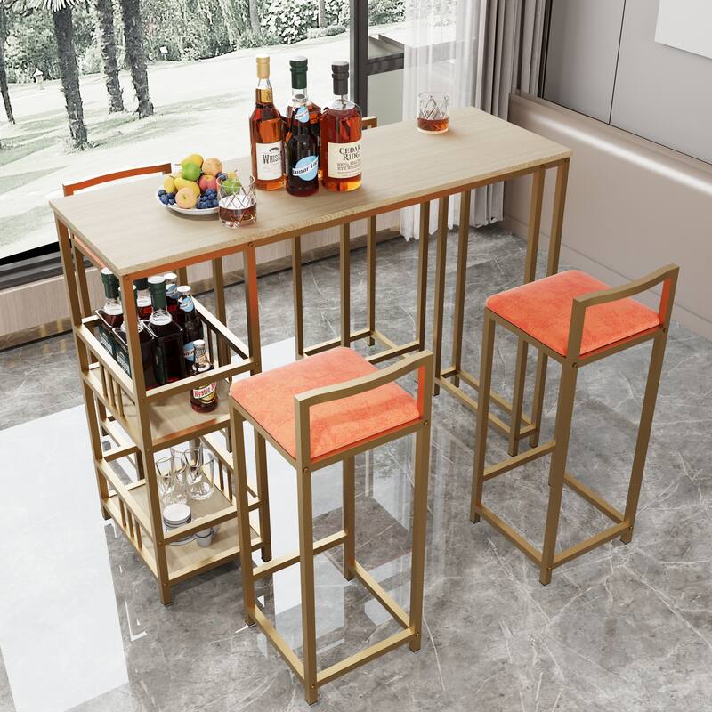 5-Piece Bar Table Set with 4 Gold Stools & Storage Shelf