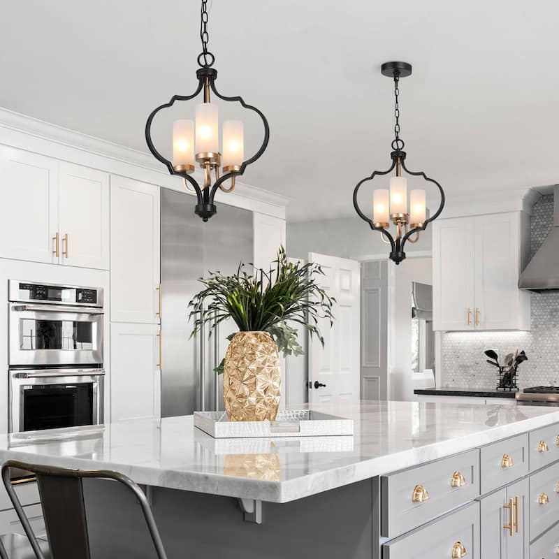 Malryn Modern 3-Light Black Gold Chandelier Frosted Glass Kitchen Island Light
