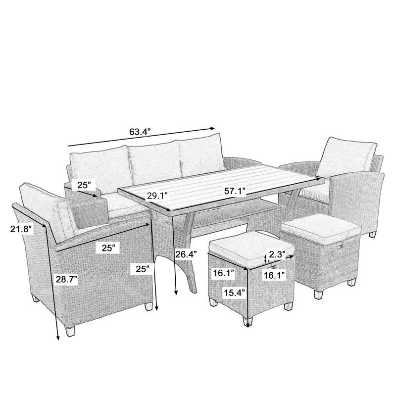 6-Piece Outdoor Wicker Sofa Set with Chairs, Stools, Thick Cushions and Dining Table, PE Rattan Patio Furniture
