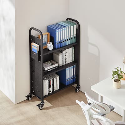 Black 3-Tier Rolling Book Cart with Locking Casters and Large Capacity - 30.3 x 15 x 48.0 in