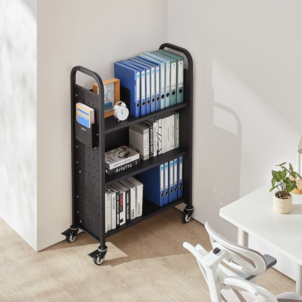 Black 3-Tier Rolling Book Cart with Locking Casters and Large Capacity - 30.3 x 15 x 48.0 in