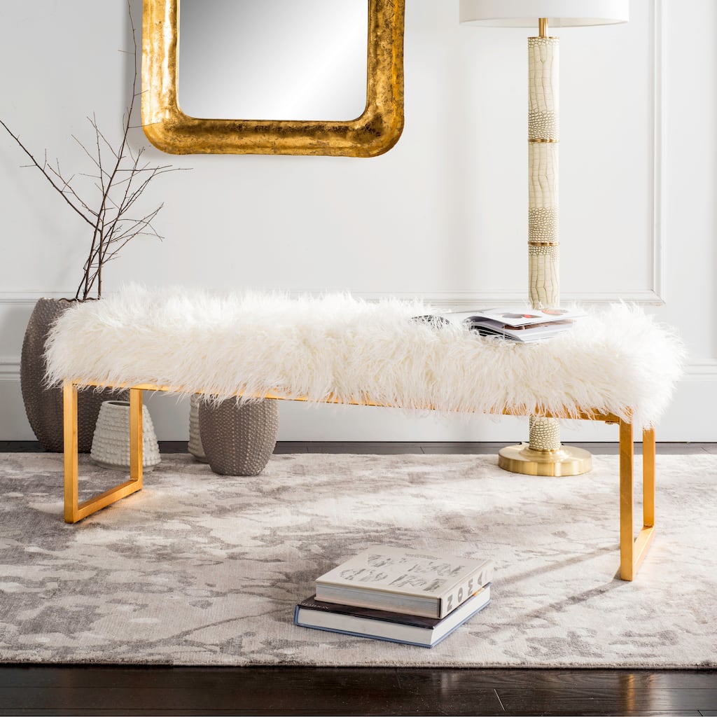 SAFAVIEH Etta White Faux Curly Sheepskin Bench - 52" x 16" x 19"