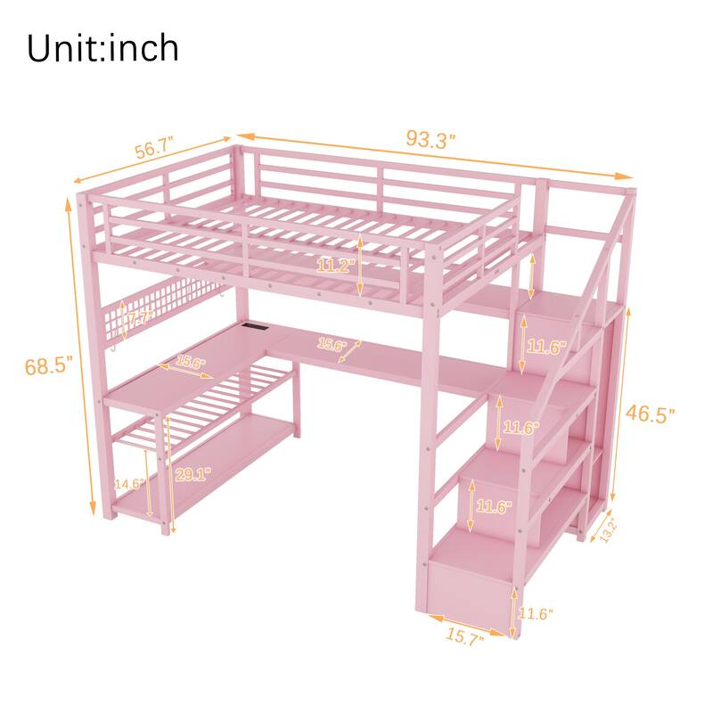 Full Size Metal Loft Bed with Staircase, Wardrobe, Desk, Storage Shelves, LED Lights, and Charge Station, Pink