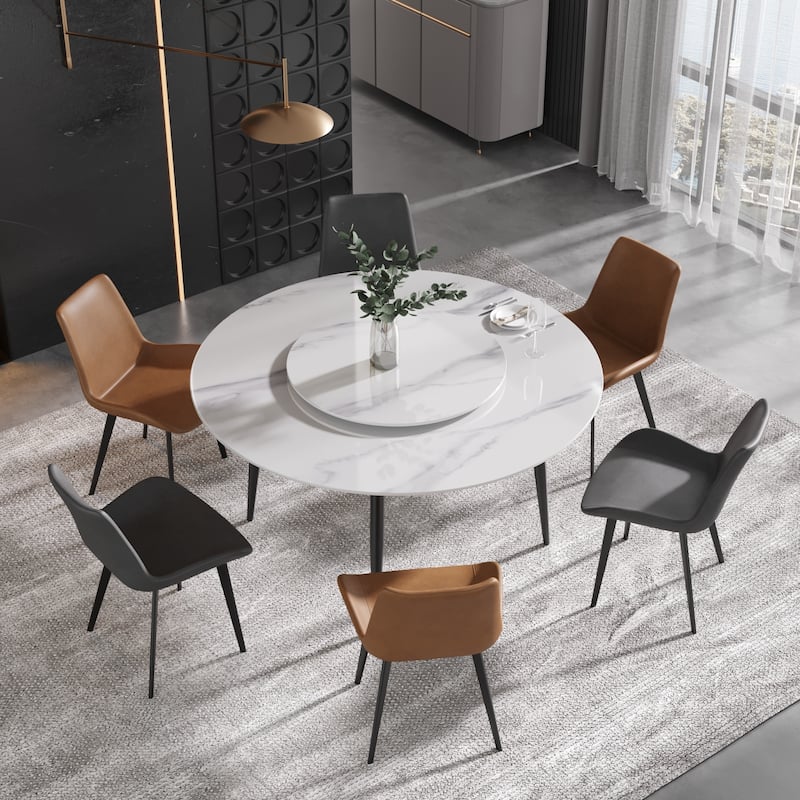59" White Marble Round Dining Table with Lazy Susan - White&Black