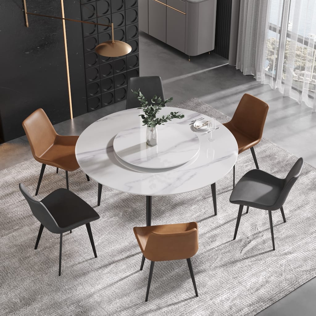 59" White Marble Round Dining Table with Lazy Susan