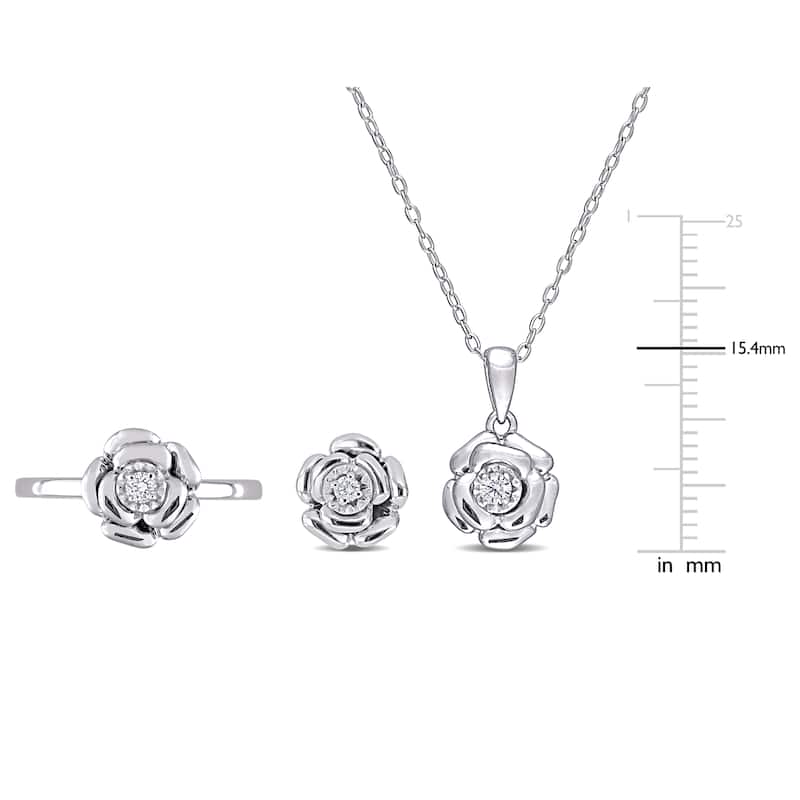 Miadora 1/6ct TDW Diamond Flower Necklace Earrings Ring Set Sterling Silver
