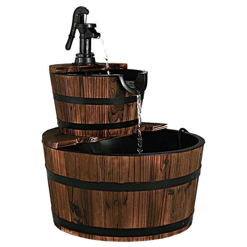 Costway 2 Tier Barrel Waterfall Fountain Barrel Wooden Water Fountain - Wood