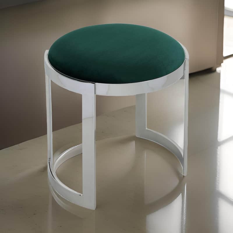 Niyo 19 Inch Accent Stool Ottoman, Round Seat, Soft Green Velvet, Silver