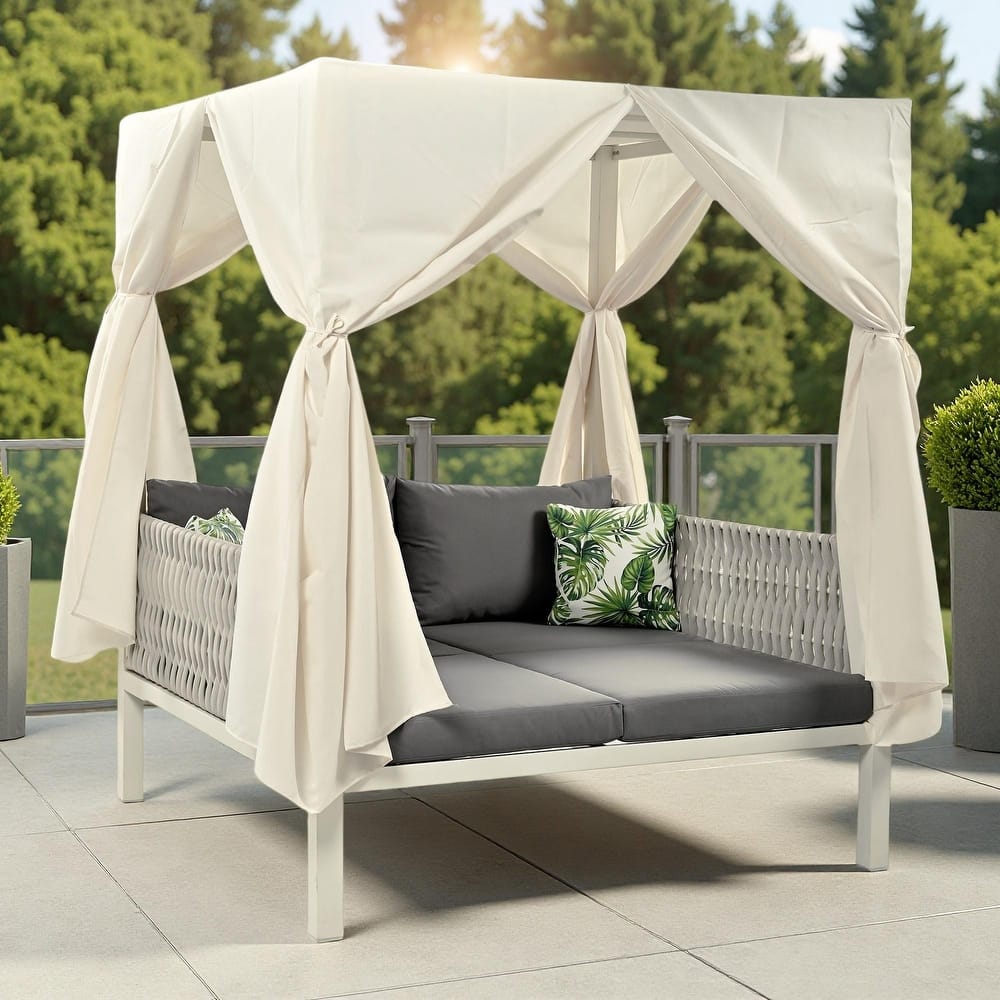 Outdoor Patio Rattan Canopy Daybed Sunbed with Curtain and Woven Rope Arm