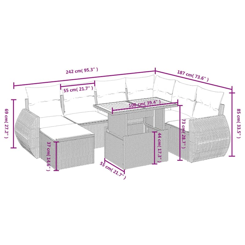 vidaXL Patio Sofa Set with Cushions Outdoor Furniture 8 Piece Poly Rattan - 21.7 x 24.4 x 27.2