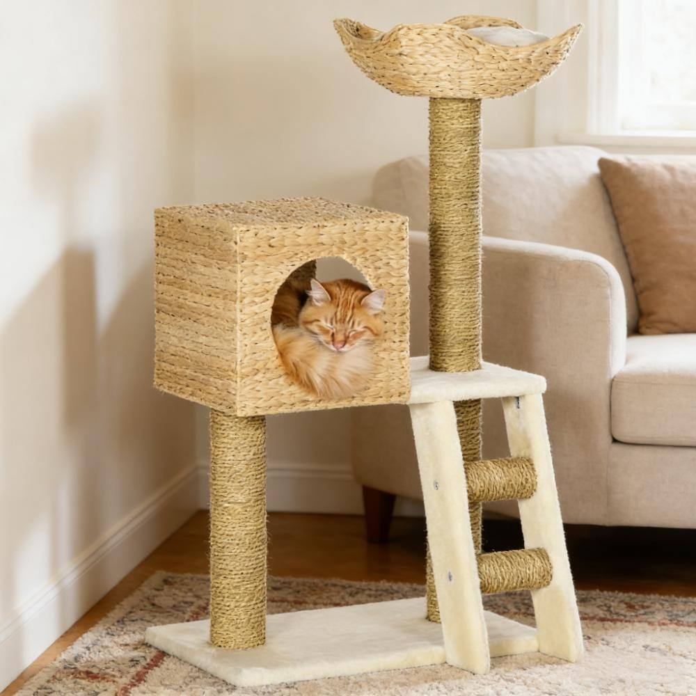 Cat Tree,Cattail Weave Cat Tree for Indoor,Cats Tower Soft and plush while featuring double cushions in basket bed