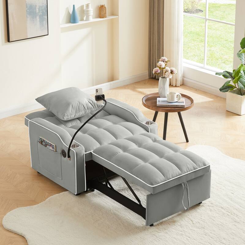 Convertible Pull-Out Chair Bed with USB Ports, Adjustable Backrest & Cup Holder