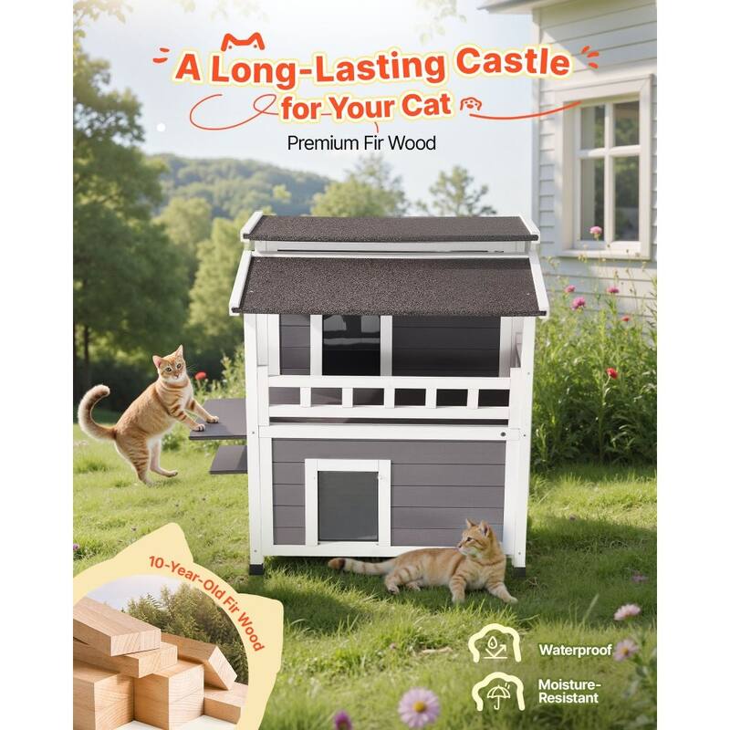 White-Grey Insulated Outdoor Wooden Cat House with Weatherproof and Two-Story Shelter for Multiple Cats