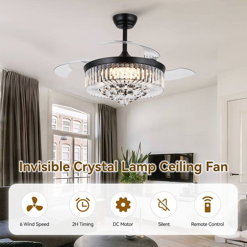 Kviflon 48'' Retractable Ceiling Fan with Lights and Remote 6 Speed, 3 Light Change Retractable Blade Chandelier Ceiling Fan