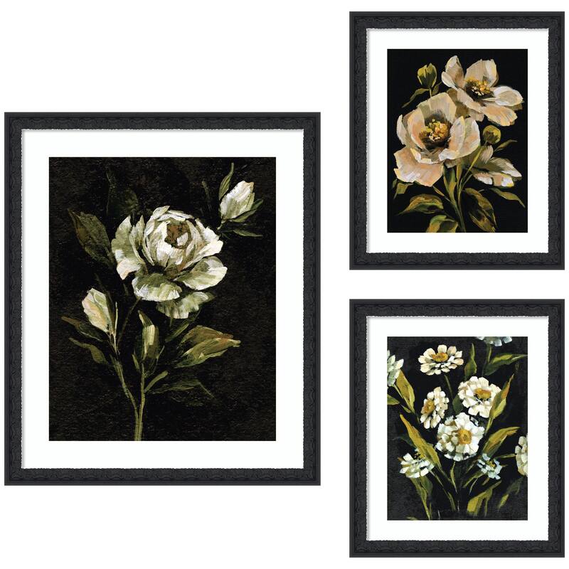 Kate and Laurel Moody Whites Floral No. 2 3 Piece Framed Wall Art Print Set by Annie Quigley - 3 Piece Set 22x26/15x18 - Black