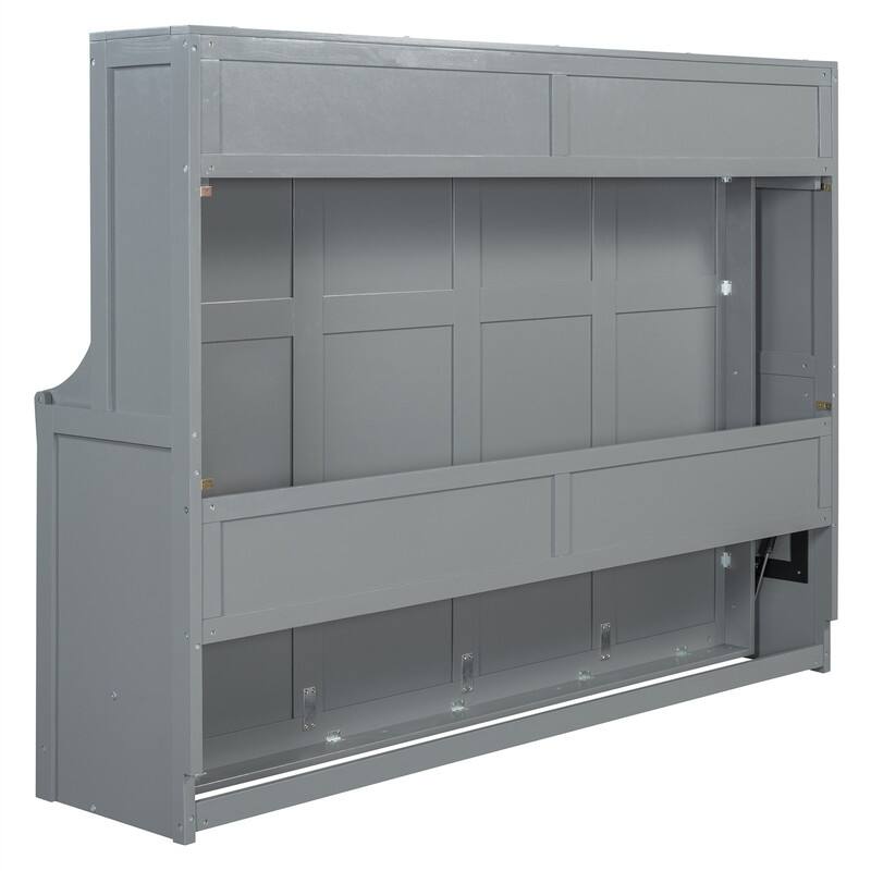 Full/Queen Size Wooden Murphy Bed with Desk, Foldable Murphy Bed Cabinet w/ Hydraulic Lift Design, Space Saving Murphy Chest Bed