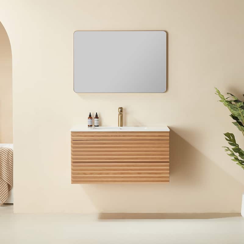 GDFStudio - Modern 36" Wall-Mounted Floating Bathroom Vanity with Integrated Ceramic Basin & Soft-Close Drawers, Fully Assembled - Natural Walnut