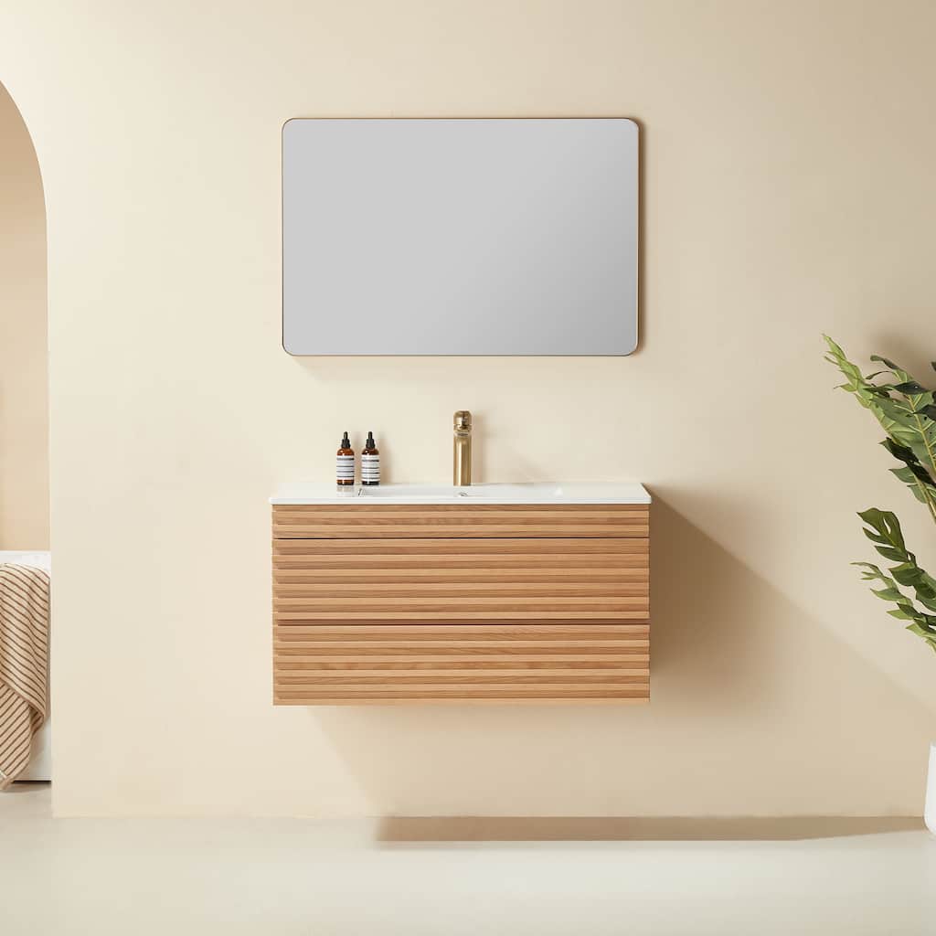 GDFStudio - Modern 36" Wall-Mounted Floating Bathroom Vanity with Integrated Ceramic Basin & Soft-Close Drawers, Fully Assembled