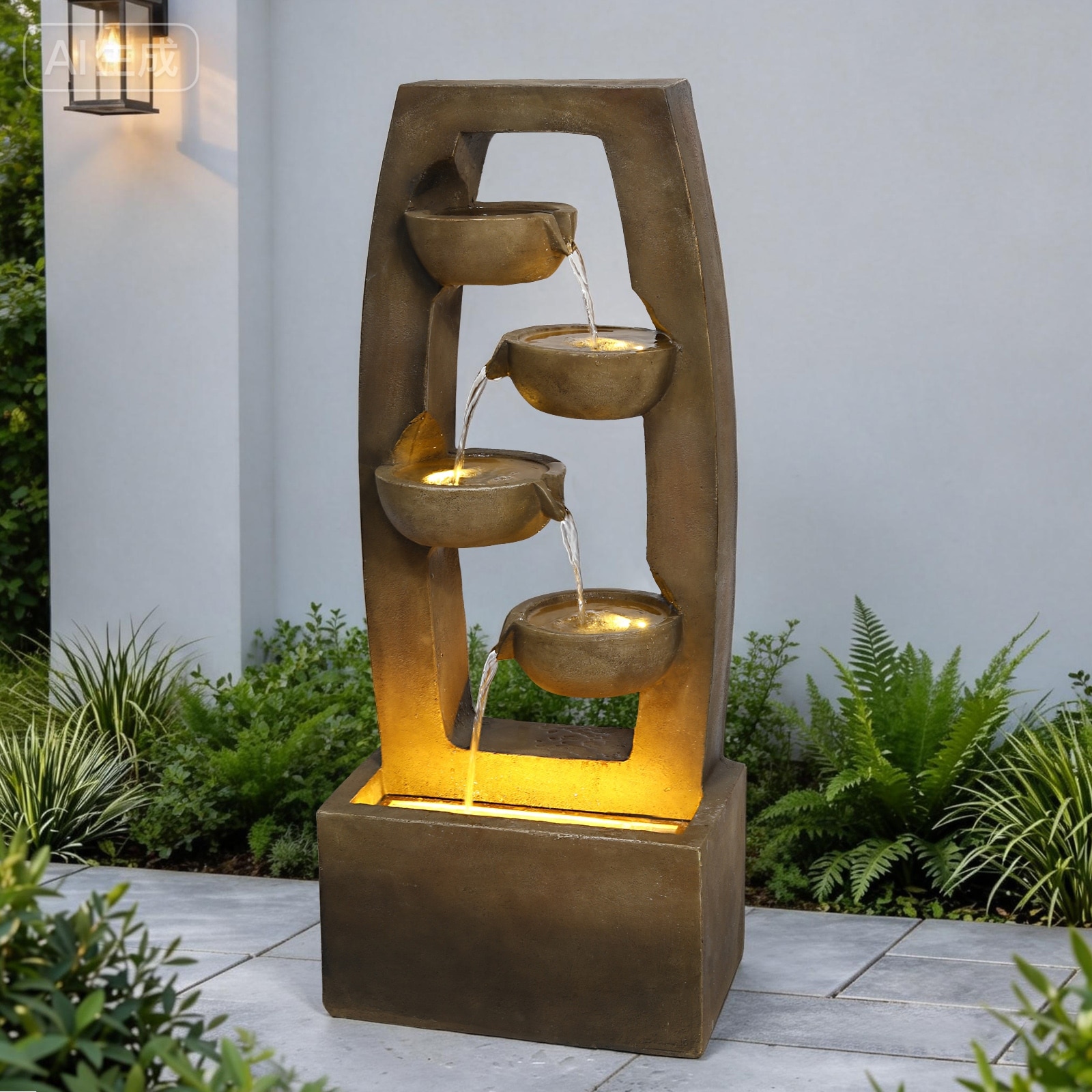 Modern Outdoor Water Fountain with Lights 4 Tier Cascading Bowl Waterfall Freestanding Garden Fountain for Patio Yard