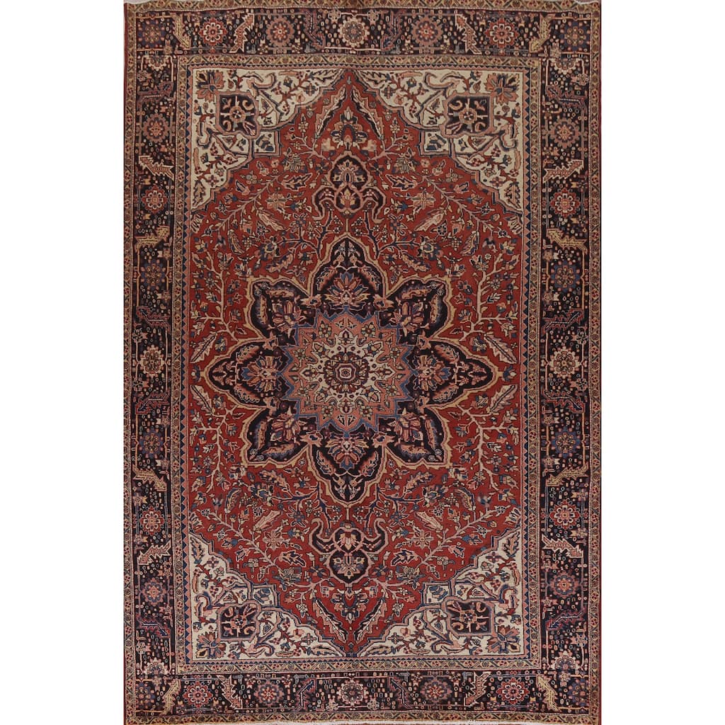 Vintage Vegetable Dye Persian Heriz Area Rug Hand-knotted Wool Carpet - 9'9" x 13'1"